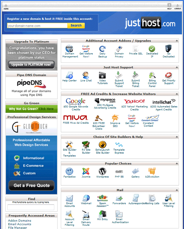 justhost control panel